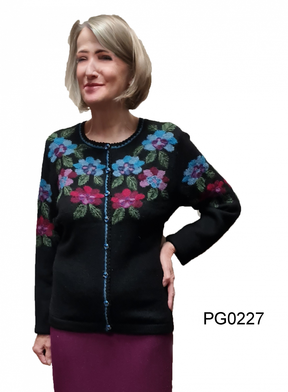 Alpaka Damenjacke "Nachtblume", Intarsien